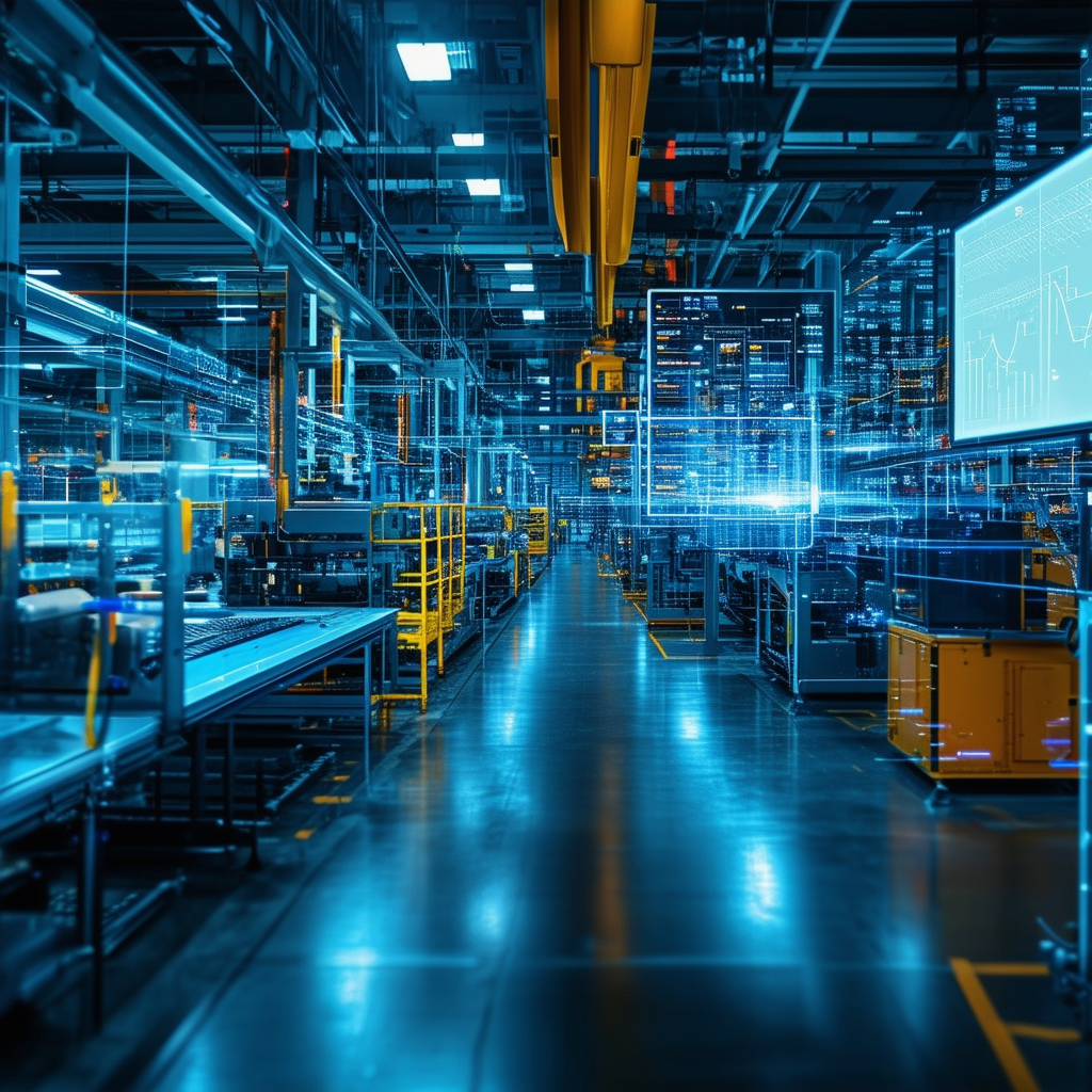 A high-tech manufacturing floor with interconnecte